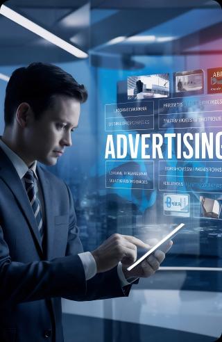 Businessman using a tablet with advertising graphics